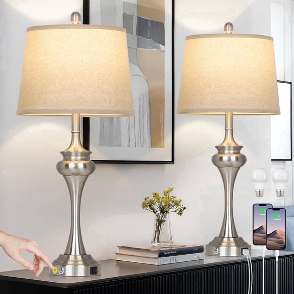 Cinkeda 30" Tall Table Lamps Set of 2, Silver Industrial Design with 3-Way Touch Dimming & USB/Type-C Ports for Bedroom Living Room