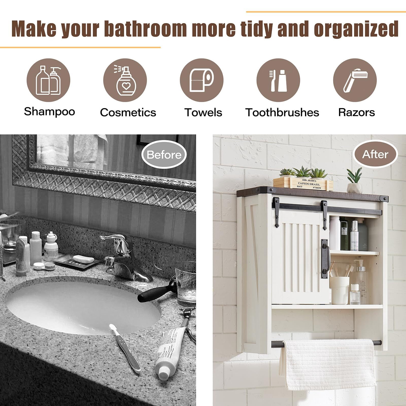 Buildhom Farmhouse Bathroom Medicine Cabinet with Sliding Barn Door & Adjustable Shelves, Multi-Purpose Wall Mounted, Antique White