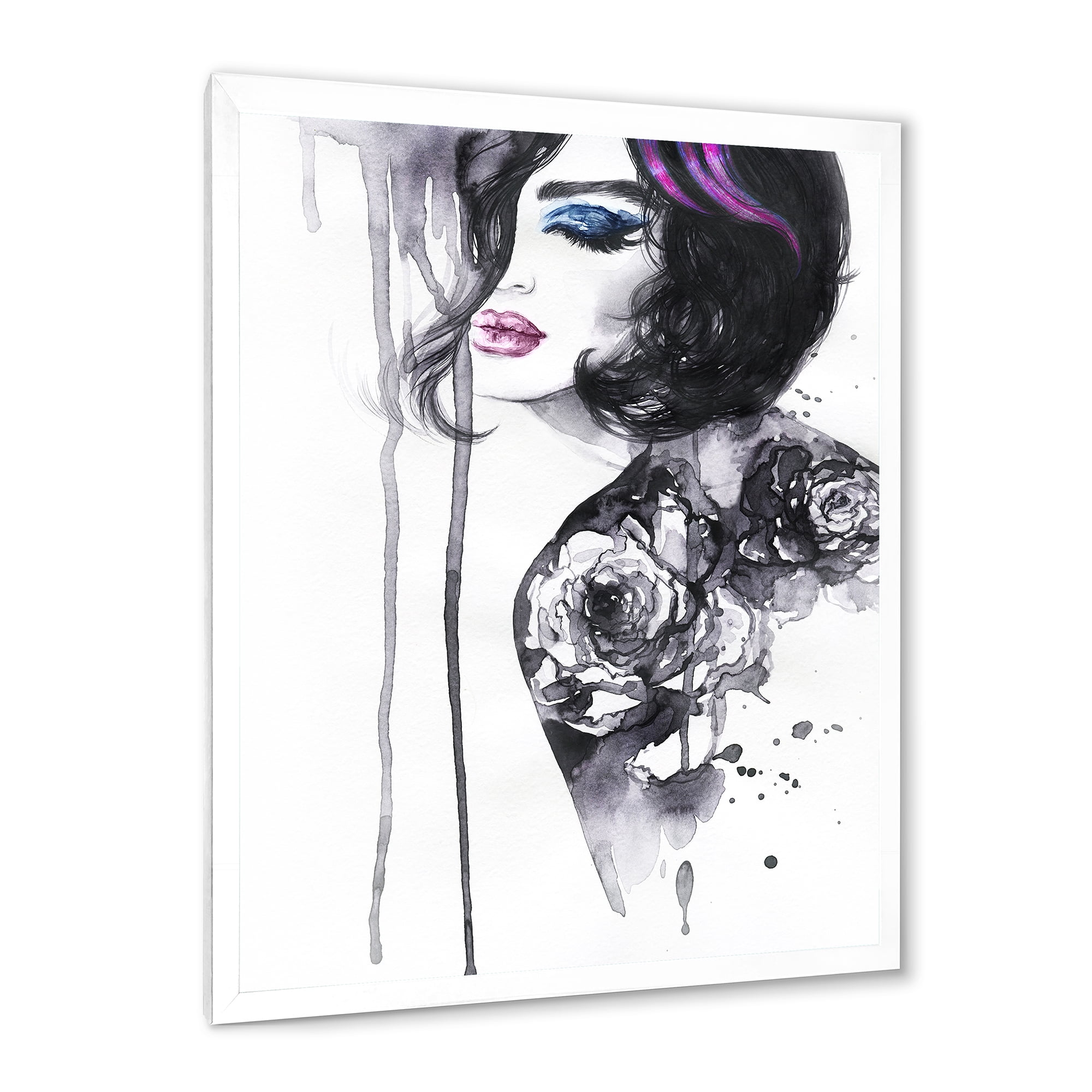 Designart 'Monochrome Female Portrait With Colorful Makeup' Modern Framed Art Print