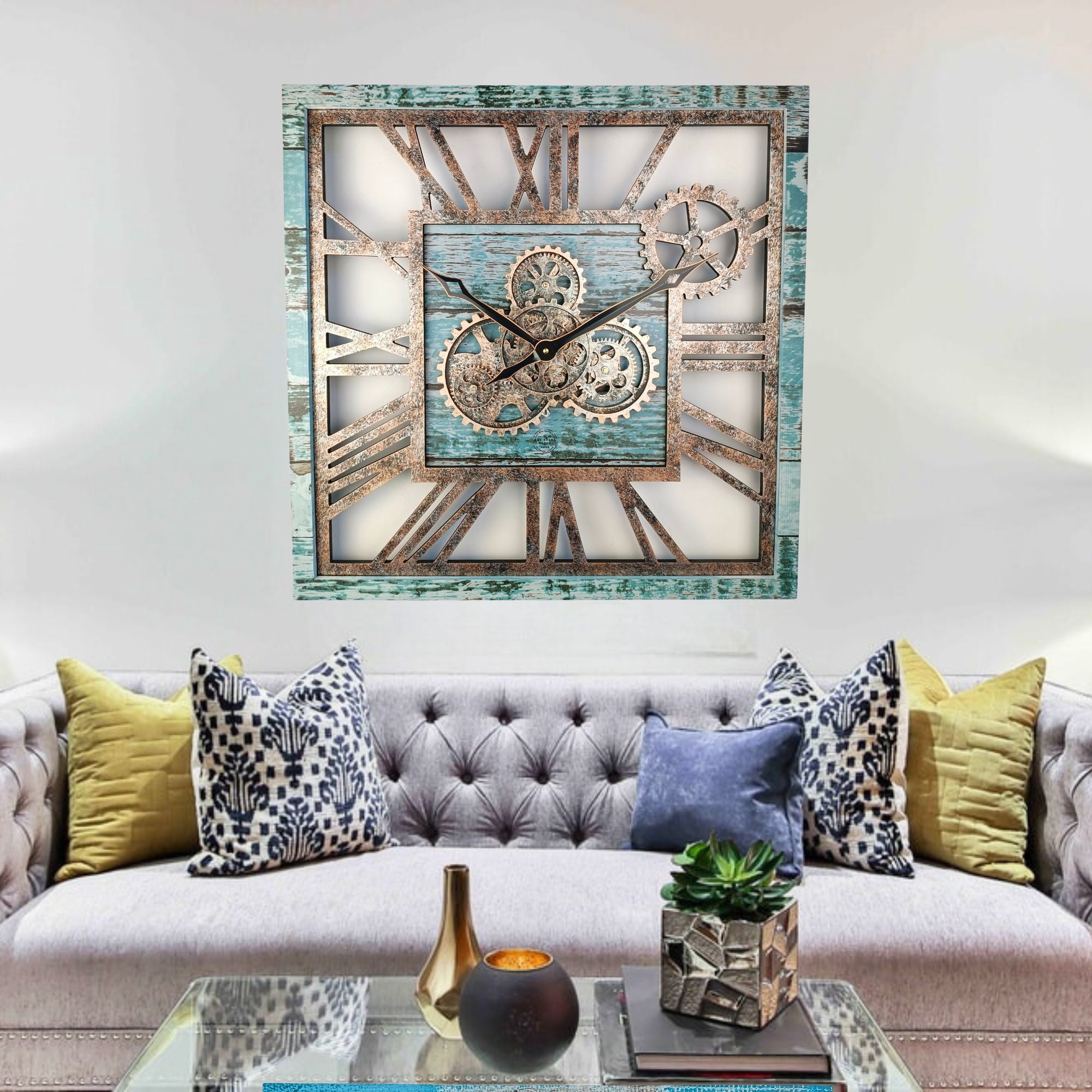 THE GEARS CLOCK Wall Clock with Real Moving Gears AM-LI_ 24 in Square Aqua-Green