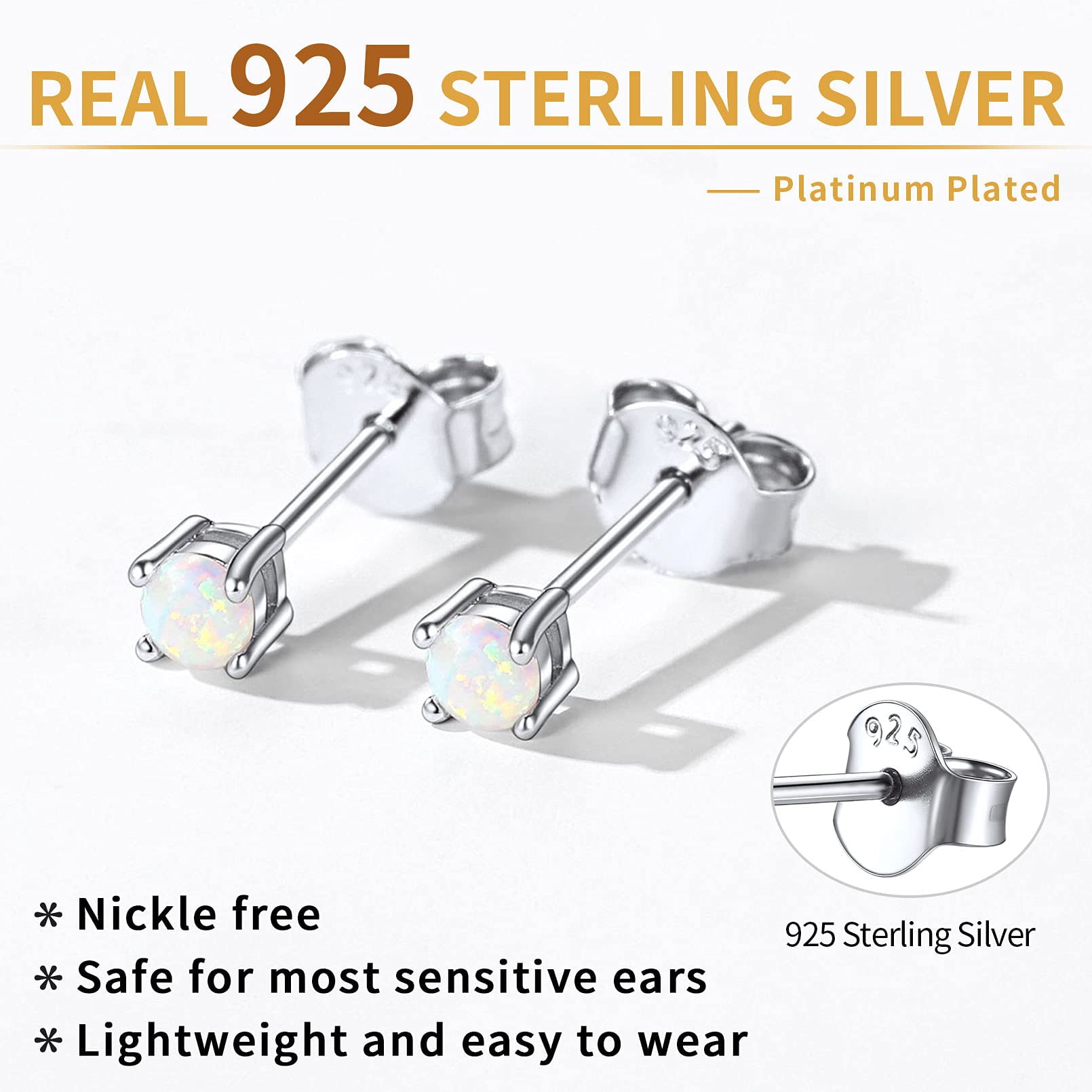 ChicSilver 3mm Created White Opal Stud Earrings Hypoallergenic Sterling Silver Round Cut Earrings for Women October Birthstone Jewelry