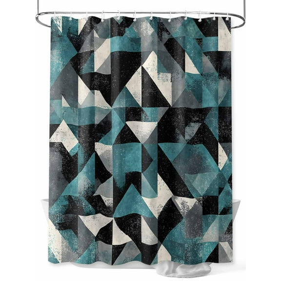 Teal Black Geometric Shower Curtain, Modern Art Abstract Vintage Waterproof Shower Curtain Set with 12 Hooks Lightweight Washable Fabric Shower Curtains for Bathroom 72x72 Inches