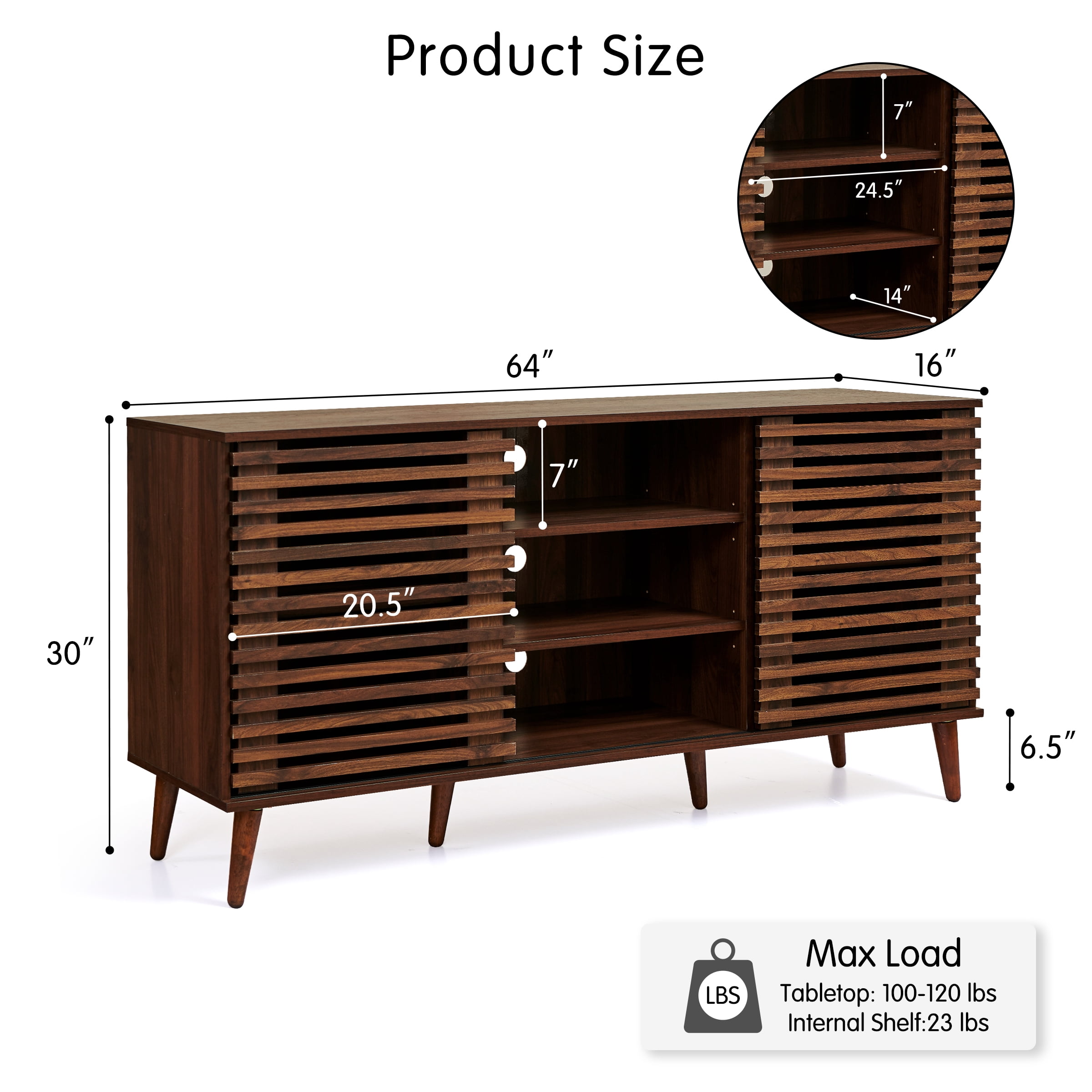 Subrtex Mid-Century Modern TV Stand Entertainment Center for TVs up to 60", Walnut Wooden Media Console with Slatted Doors & Adjustable Shelves for Living Room Storage