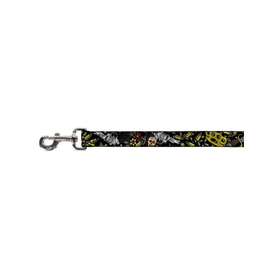 Skull Brass Knuckles Bullets Flowers Collage on Black Fun Animal Pet Dog Leash