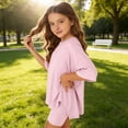 thumbnail image 6 of KVPLBQFD Girls 2 Piece Summer Outfits Kids Oversized Side Split Short Sleeve Shirts Matching Biker Shorts Lounge Set Indoor Lightweight Teen Girl Clothes, 6 of 6