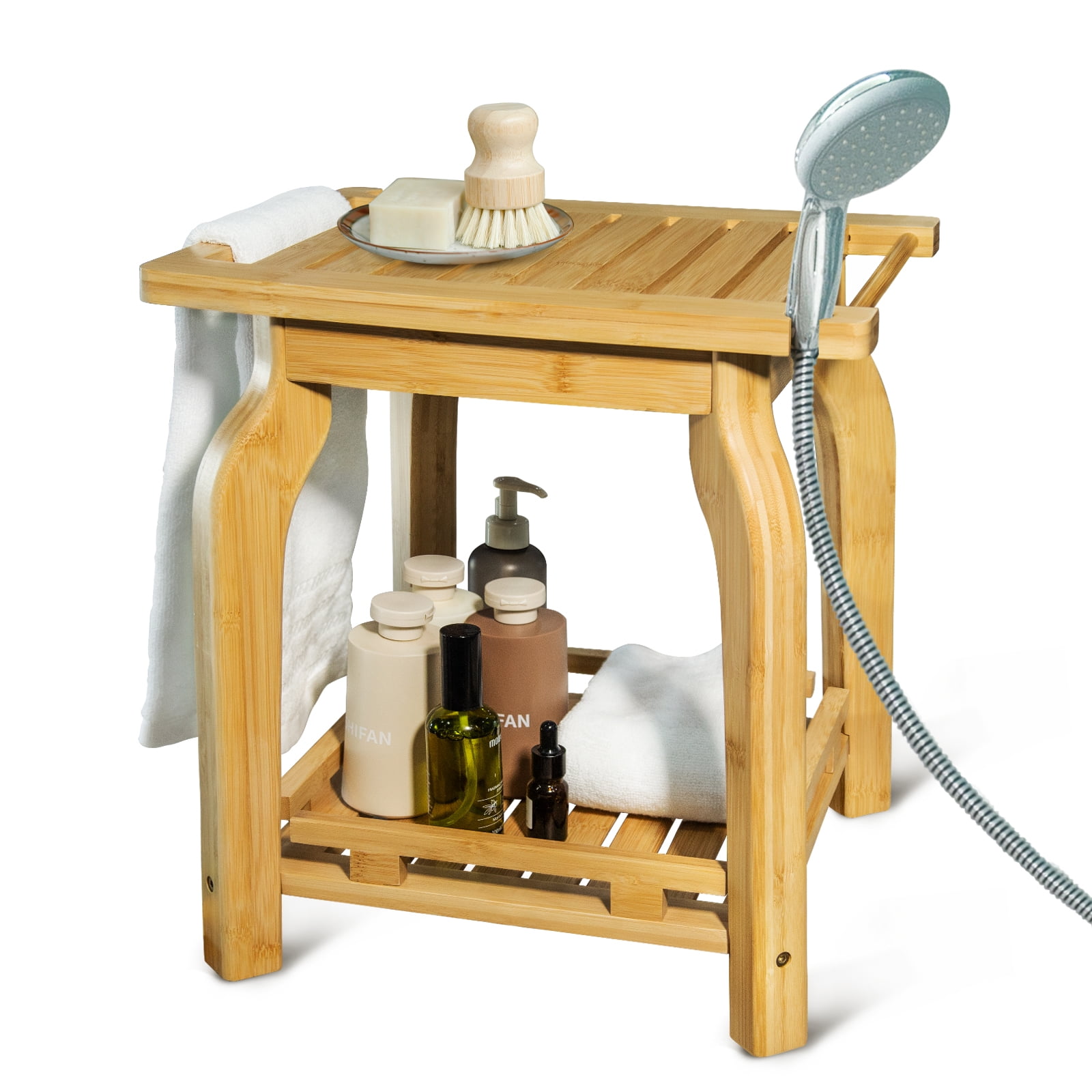 KingPavonini Bamboo Shower Bench, 2Tier Waterproof Bathroom Bench for