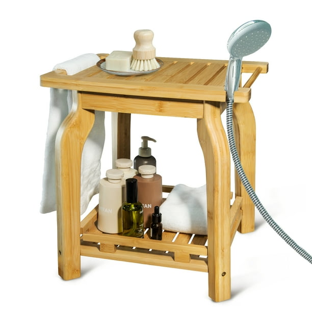 KingPavonini Bamboo Shower Bench, 2Tier Waterproof Bathroom Bench for