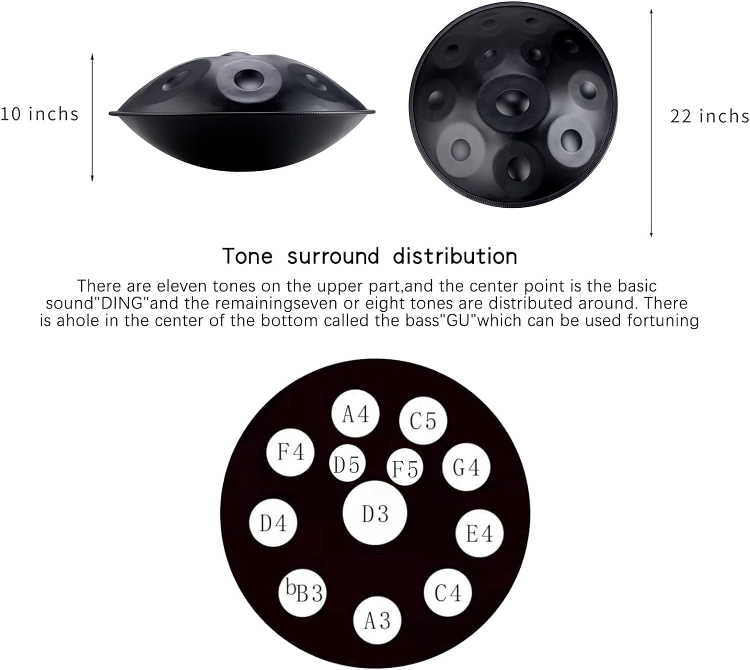 Handpan Drum in D Minor 440Hz 12 Notes 22 Inche Steel drum percussion instrument