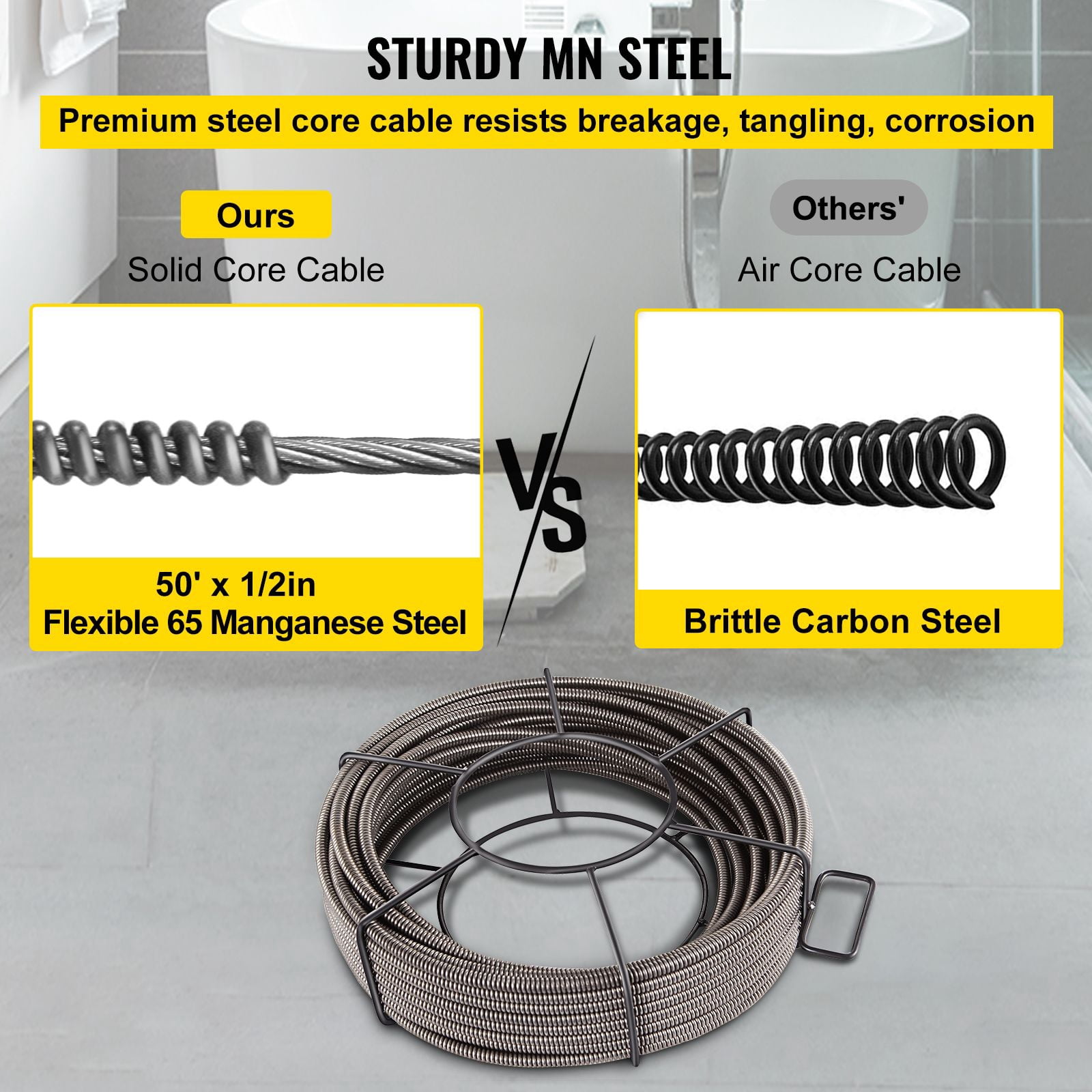 Drain Cleaning Cable 50 Feet x 1/2 Inch Solid Core Cable Sewer Cable Drain Auger Cable Cleaner Snake Clog Pipe Drain Cleaning Cable Sewer Drain Auger Snake Pipe