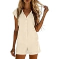 thumbnail image 4 of fheaev Cotton Linen Romper for Women V Neck Button Cap Sleeve Summer Casual Loose Fit Shorts with Pockets Beige S, 4 of 7