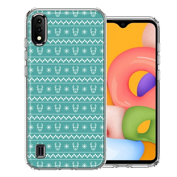MUNDAZE For Samsung Galaxy A01 Teal Christmas Reindeer Pattern Design Double Layer Phone Case Cover