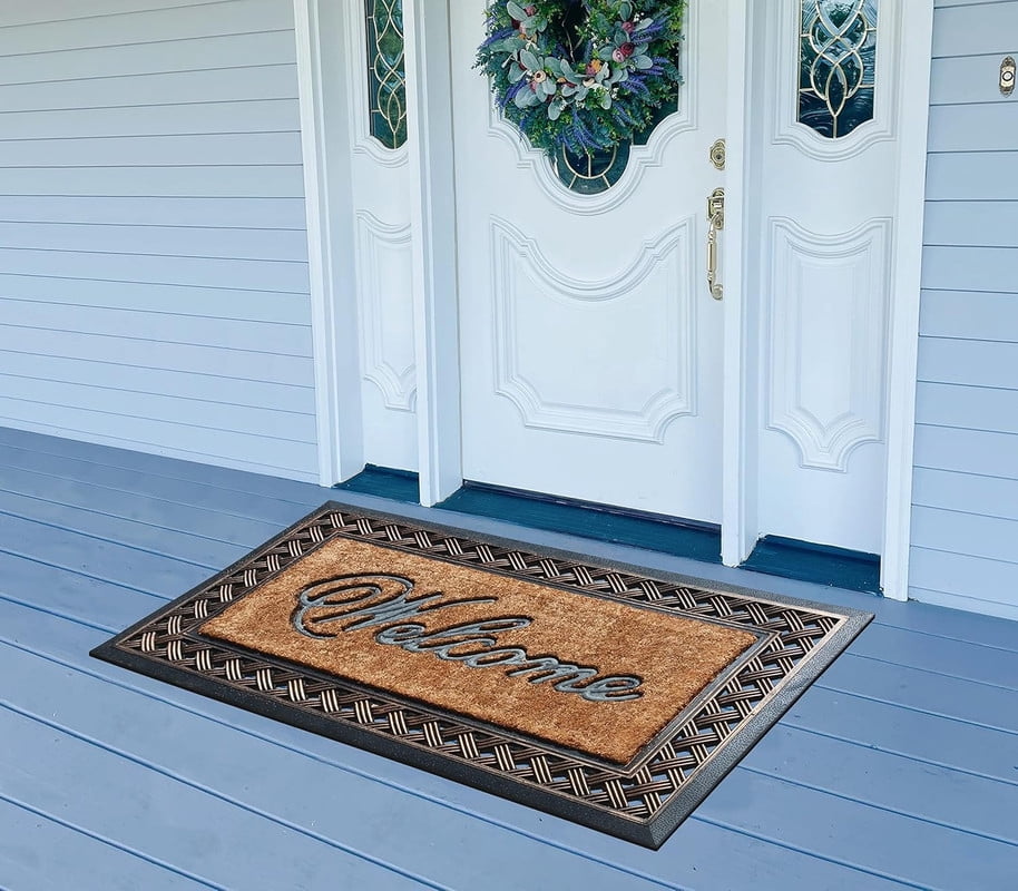 A1 Home Collections 38"×23" Natural Coir & Rubber Doormat - Decorative Welcome Design, Heavy Duty Coconut Fiber Entry Mat with Non-Slip Backing - Anti-Shed Treated, Low Profile Outdoor Front Door Mat