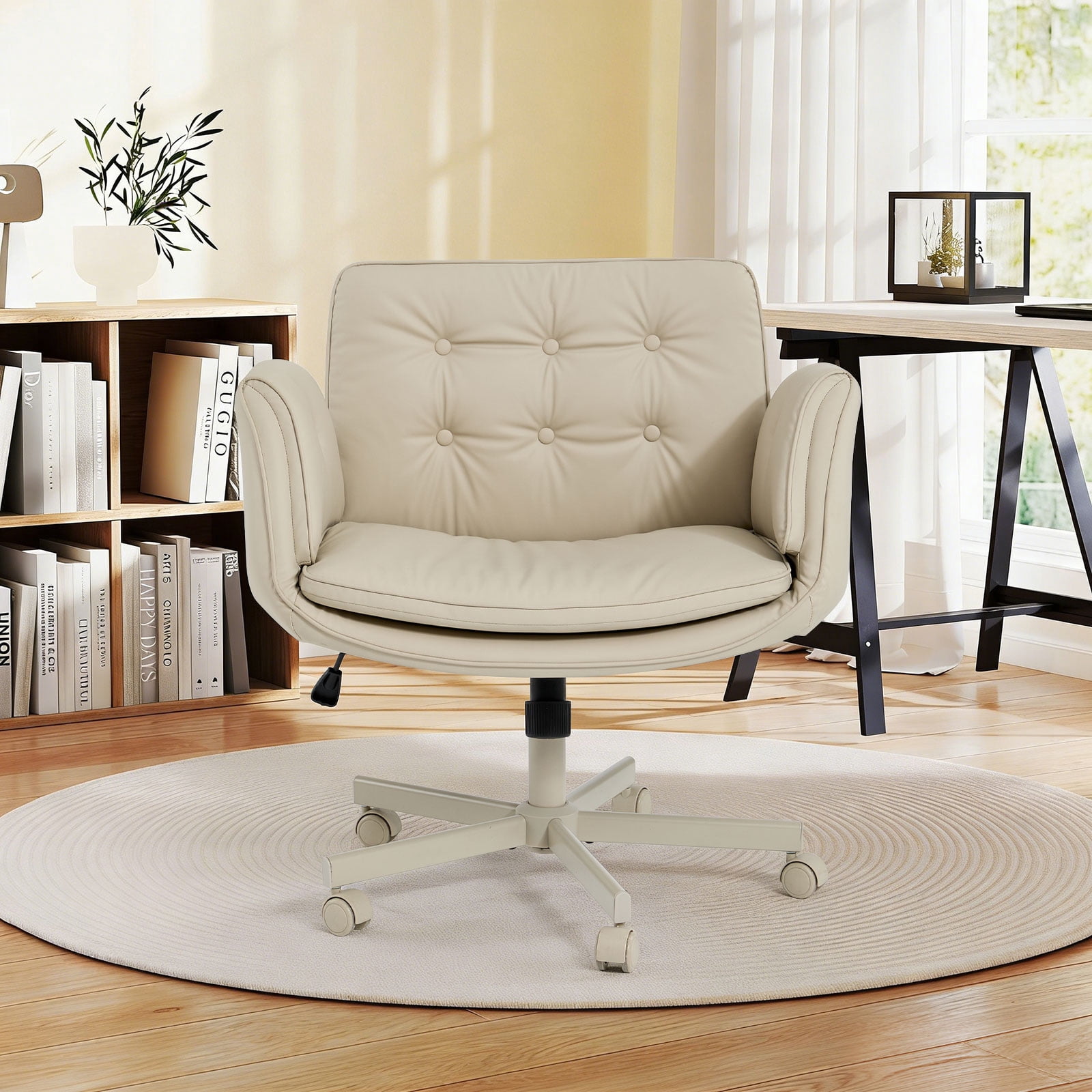Ebello Oversized Vanity Chair with Foldable Arms, Criss Cross Design Big & Tall Desk Chair - 300 lbs Capacity, Swivel Computer Chair with Wheels for Office, Cream