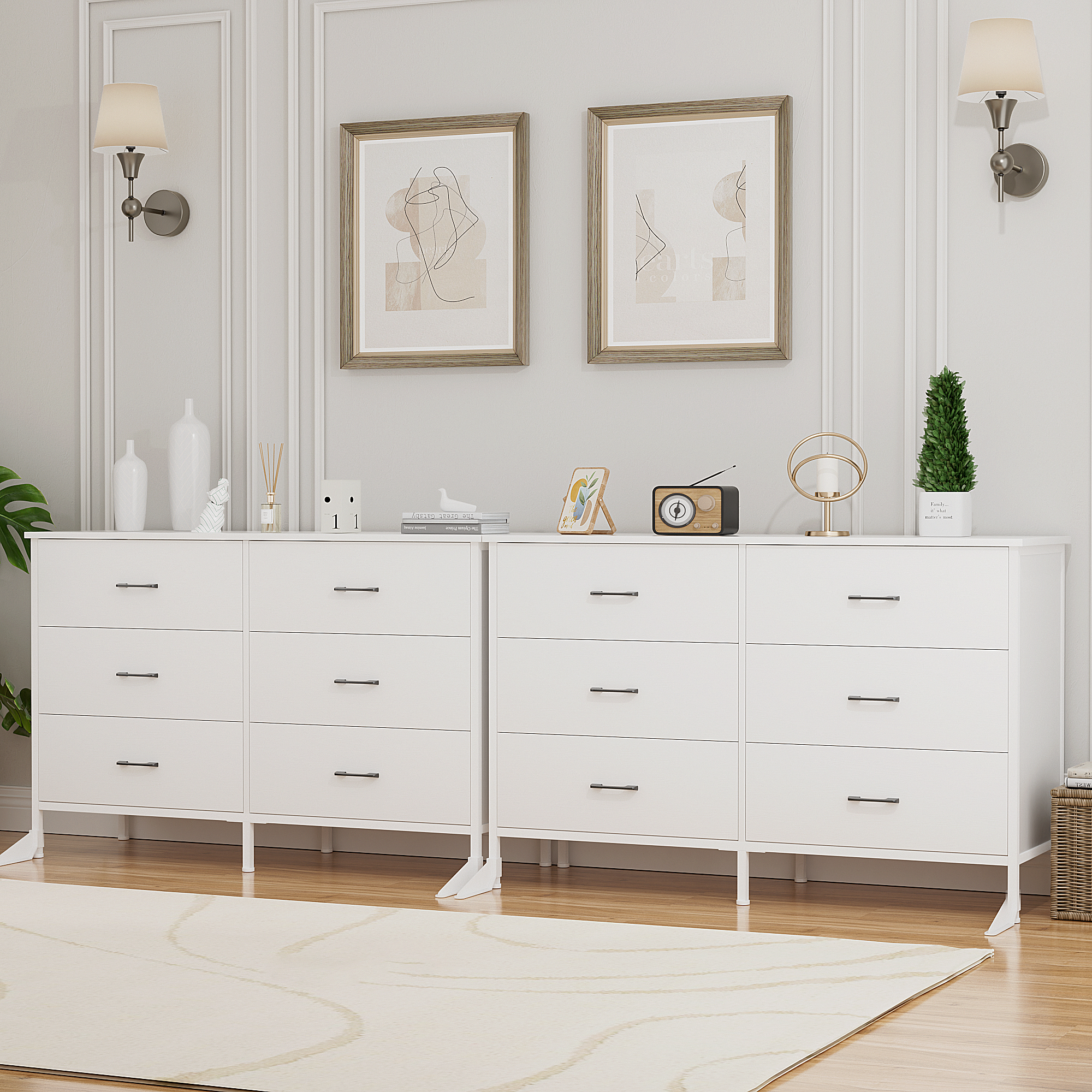 Slevoo 47.3"Chest of Dressers 6 Drawers for Bedroom, Living Room, Hallway, Steel Wood Frame, White