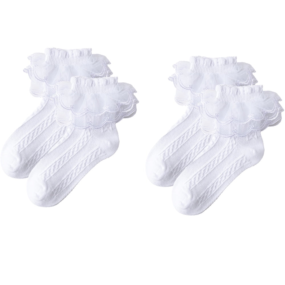 Girls Ruffle Socks Double Lace Frilly Dress Socks Kids Turn Cuff Socks