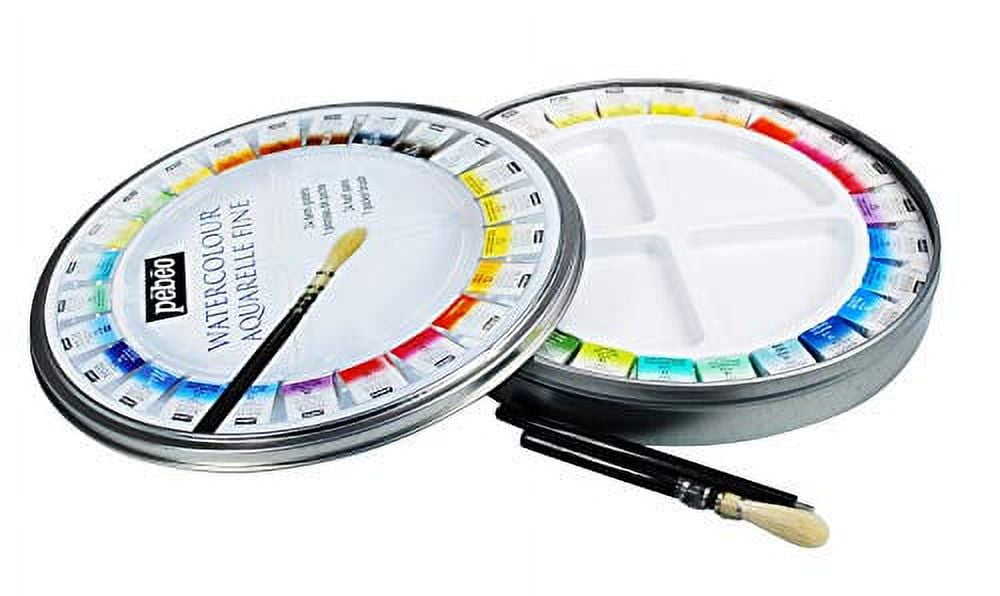 Pebeo Fine Watercolor Half Pan Set -  Set of 24, Round Metal Box with Brush