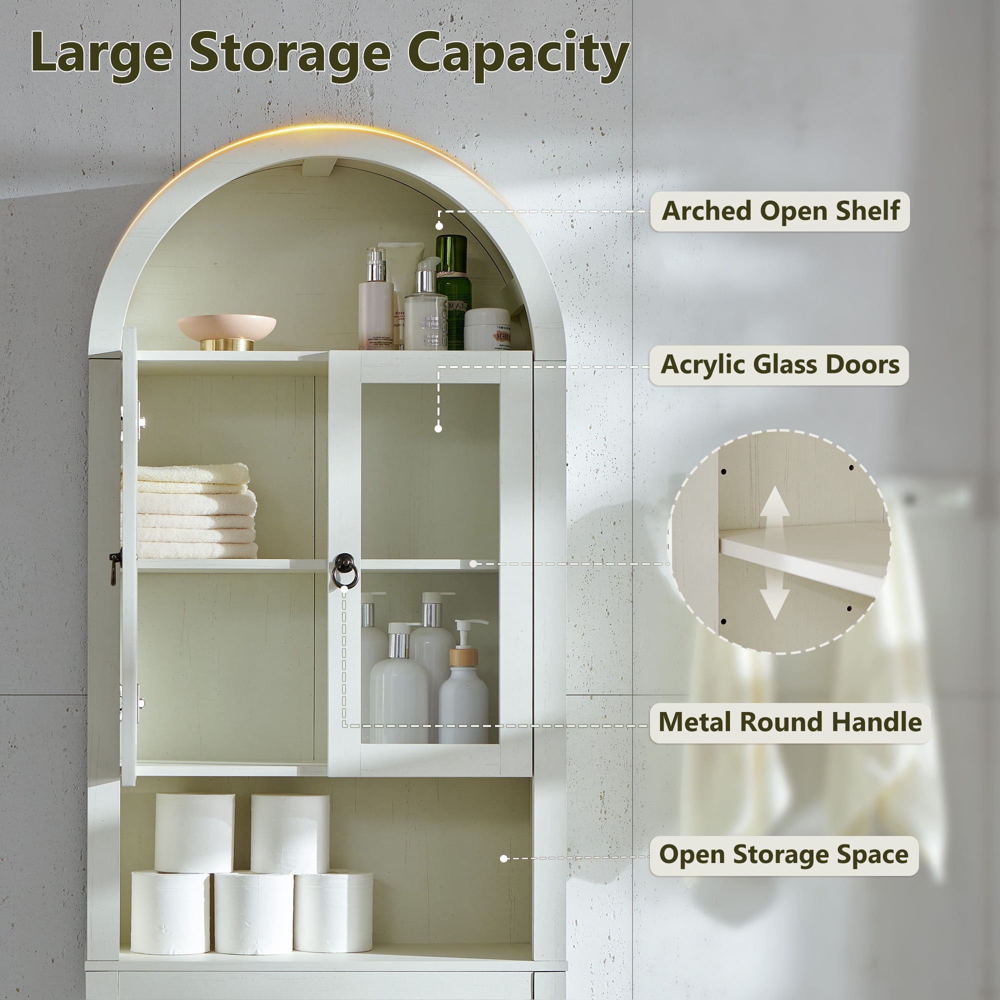 SinCiDo Arched Over The Toilet Storage Cabinet, Modern Bathroom Shelf Over Toilet with Acrylic Doors, Wooden Bathroom Space Saver Organizer above Toilet with Adjustable Shelf