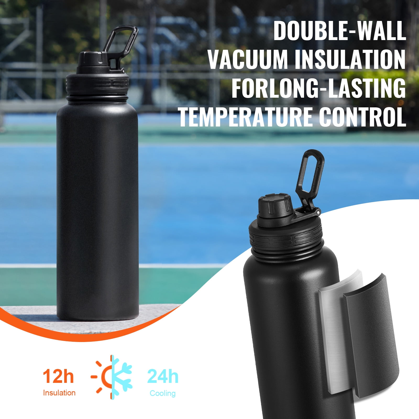 KFFKFF 40 oz Hydration Container, Stainless Steel Outdoor Adventure Water Flask with Broad Opening Cap, Athletic Coffee Mug Double Layered, Leak-Resistant, for In/Outdoor Activities, FDA Approved