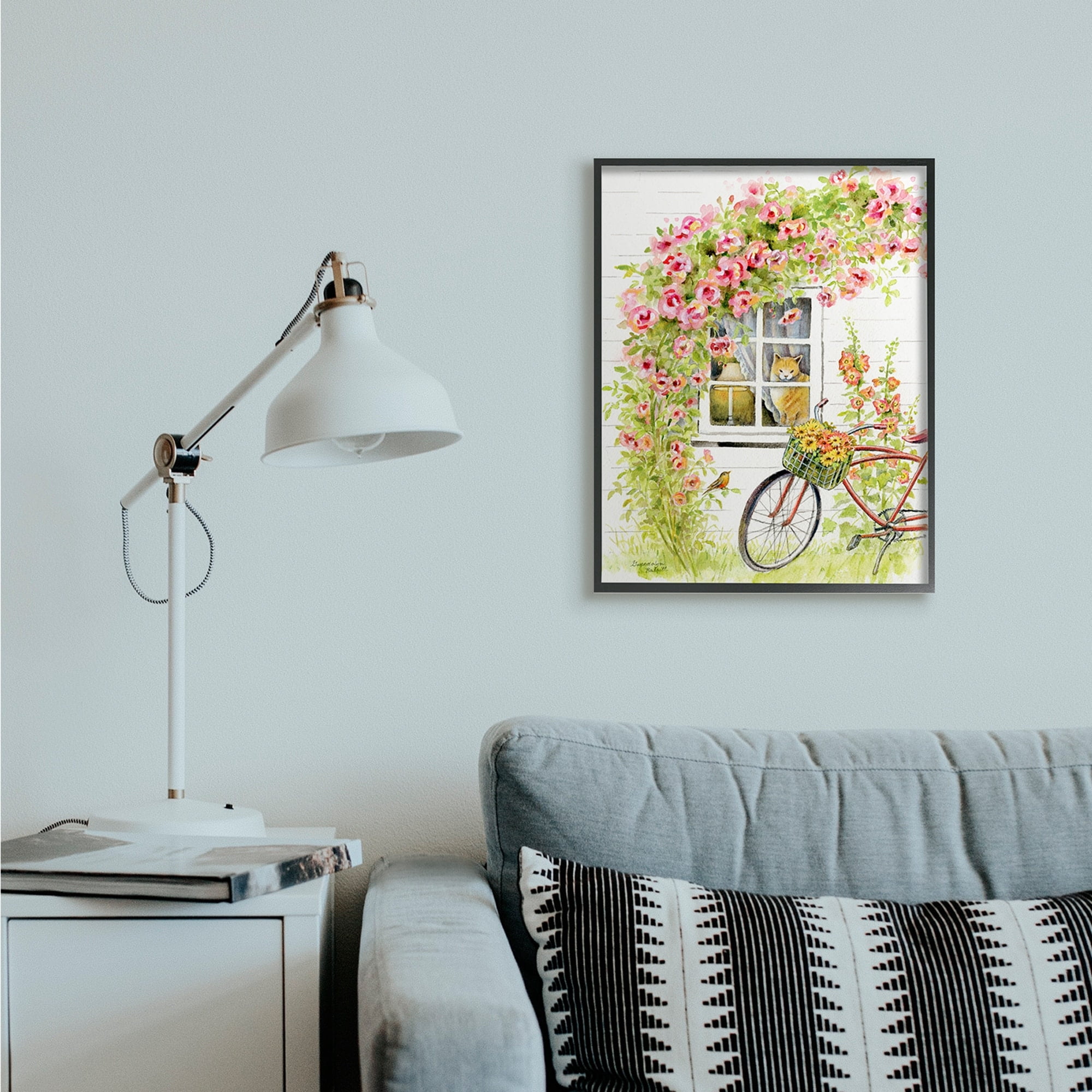 Stupell Industries Pink Bicycle with Charming Cat Cottage Grey Framed, 16 x 20, Design by Gwendolyn Babbitt