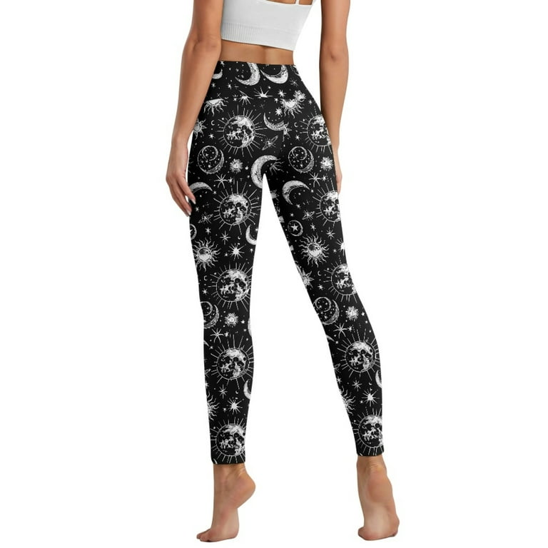 Renewold Sun Moon Star Black Leggings for Women with Pockets