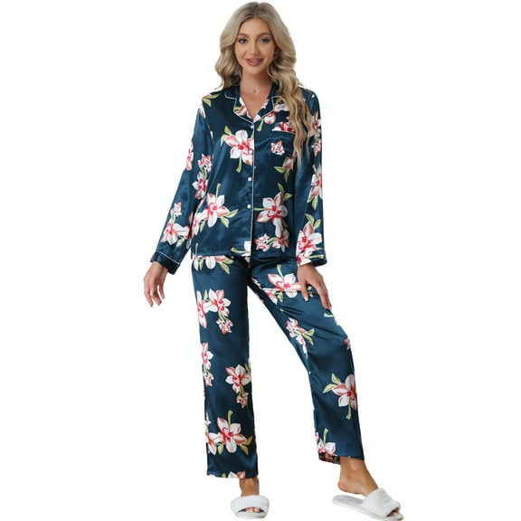 DARING DIVA Women's 2 Pcs Satin Silky Floral Pajama Sets XS Navy Blue