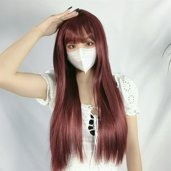 Long Straight Wig, Wine Red Hair Extension Chemical Fiber with Blunt Bangs for Holiday Parties