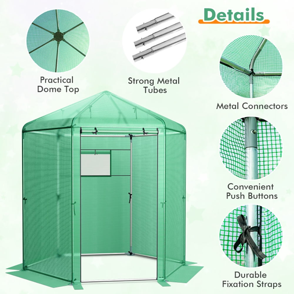 GVN Walk-In Hexagonal Greenhouse with PE Cover and Metal Frame, Walk-in Green House, Portable Greenhouse  for Planting and Storage