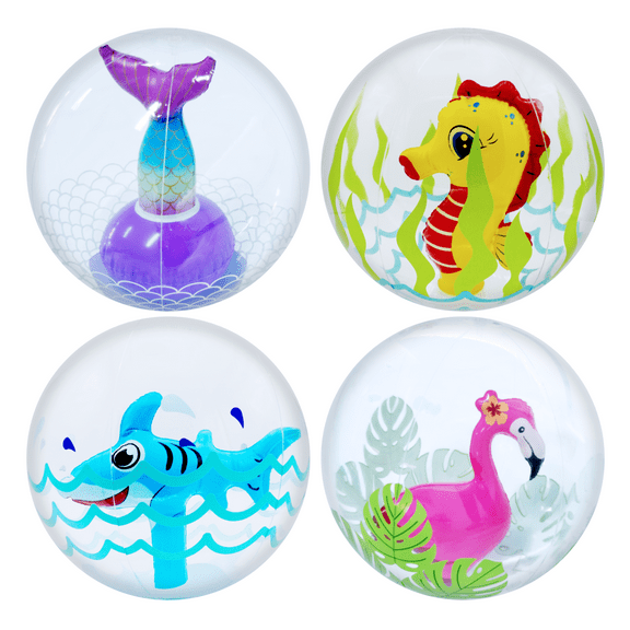 4E's Novelty 4 Pack 3D Beach Balls, 13" Inflatable Ocean-Themed Pool Toys