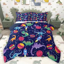 Homewish Colorful Cartoon Dinosaur Full Size Comforter Sets,Rocket Pattern Bedding Comforter Set,Constellation Print Galaxy Planet Bedding Sets For Boy,Microfiber Bedroom Decor Reversible,3-Piece