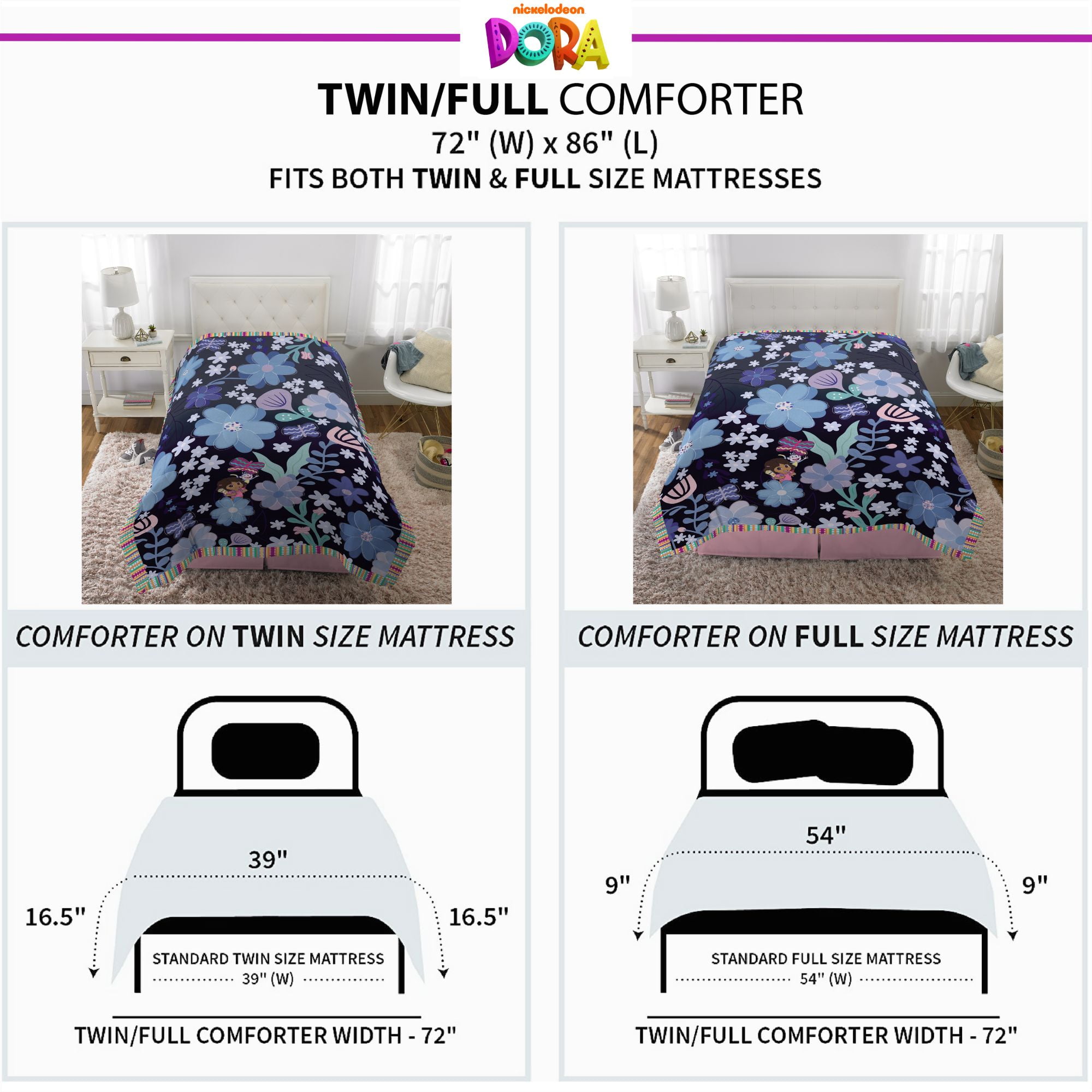 Dora Kids 2 Piece Blue Pink Floral Reversible Comforter and Pillowcase set, Twin/full