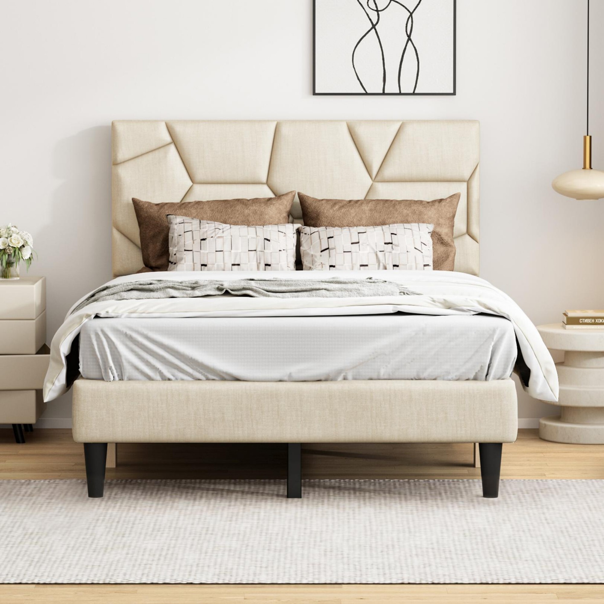 AENKYO Full Size Upholstered Platform Bed Frame with Linen Headboard, Sturdy Support, No Box Spring Needed, Beige