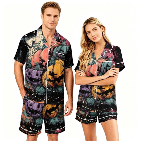 IYYVV Halloween Silk Satin Matching Pajamas Sets Couple Button Down Nightwear Women & Men Short Sleeve Blood Rose Sleepwear Casual Yellow 3XL