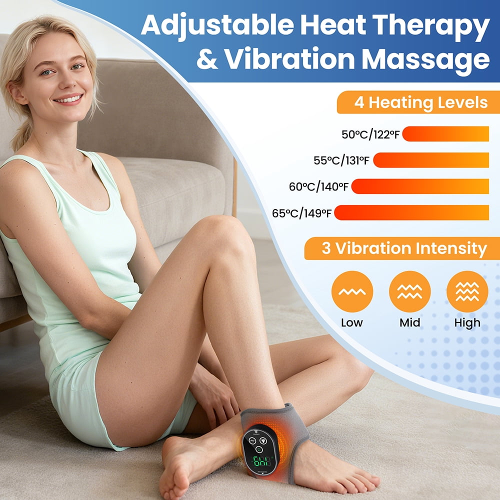 Cordless Ankle Massager with Heat and Vibration, Rechargeable Electric Foot Massager, Heated Ankle Wrap Warmer with Adjustable Temperature, Portable Foot and Ankle Massager Brace, Grey