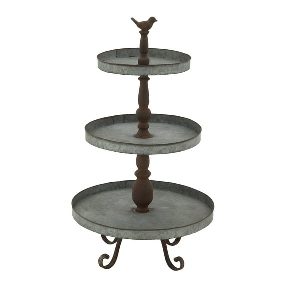 DecMode 16" x 28" Silver Metal Bird 3 Tiered Server with Scrolled Base, 1-Piece