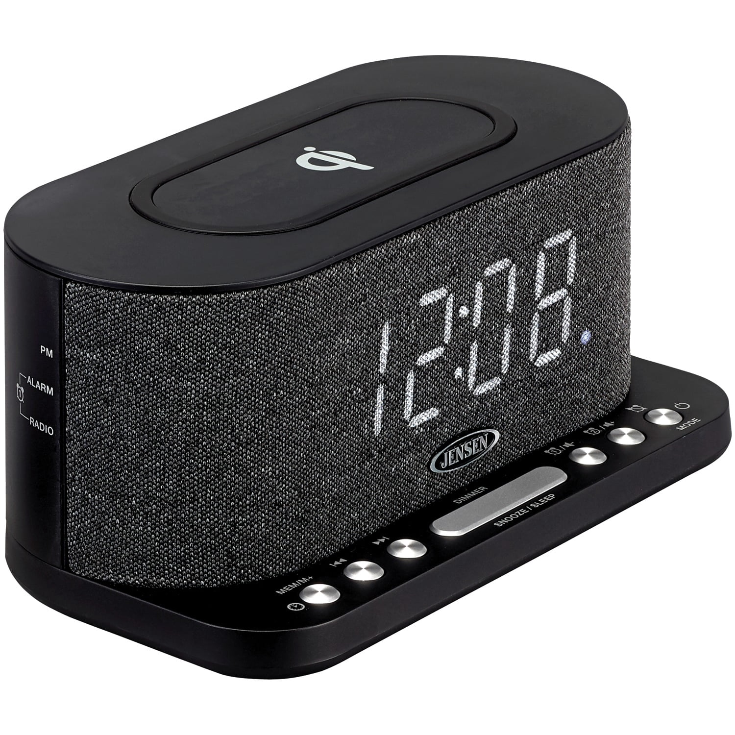 JENSEN FM Digital Dual-Alarm Clock Radio with Large Display, Wireless Qi and USB Charging, Aux Input, and Battery Backup, QiCR-50