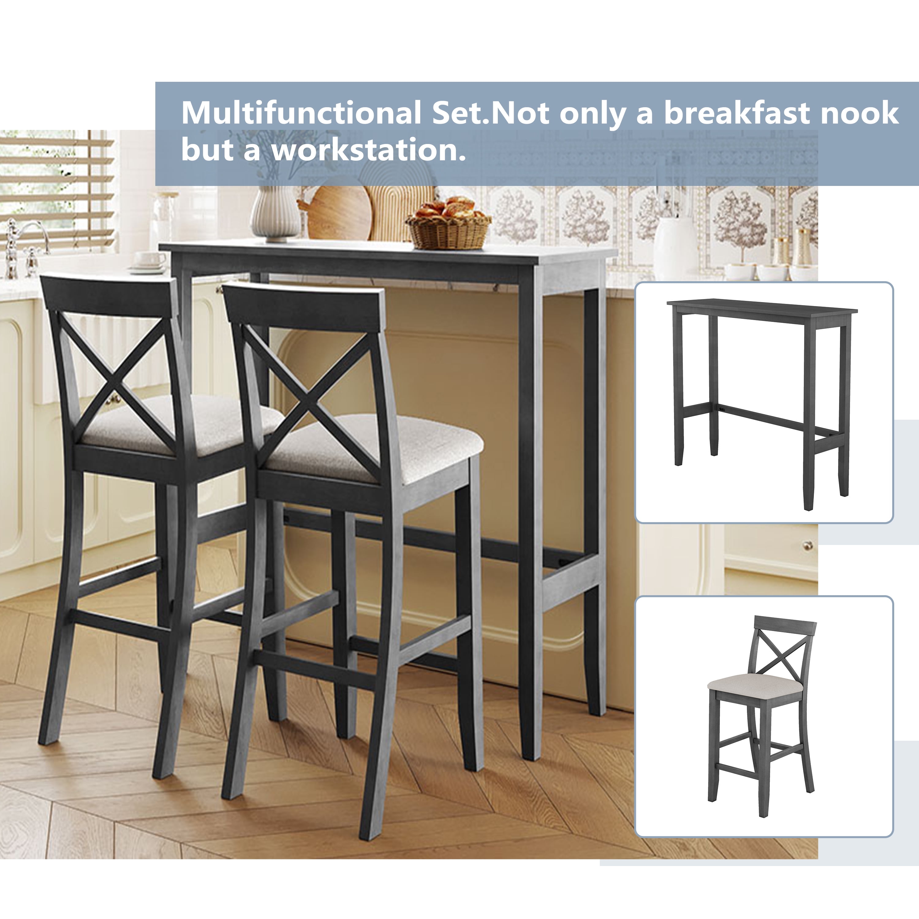 Euroco Farmhouse 3 Piece Dining Set,48" Rectangular Wood Bar Set Kitchen Breakfast Nook with 2 Chairs for Small Places,Gray