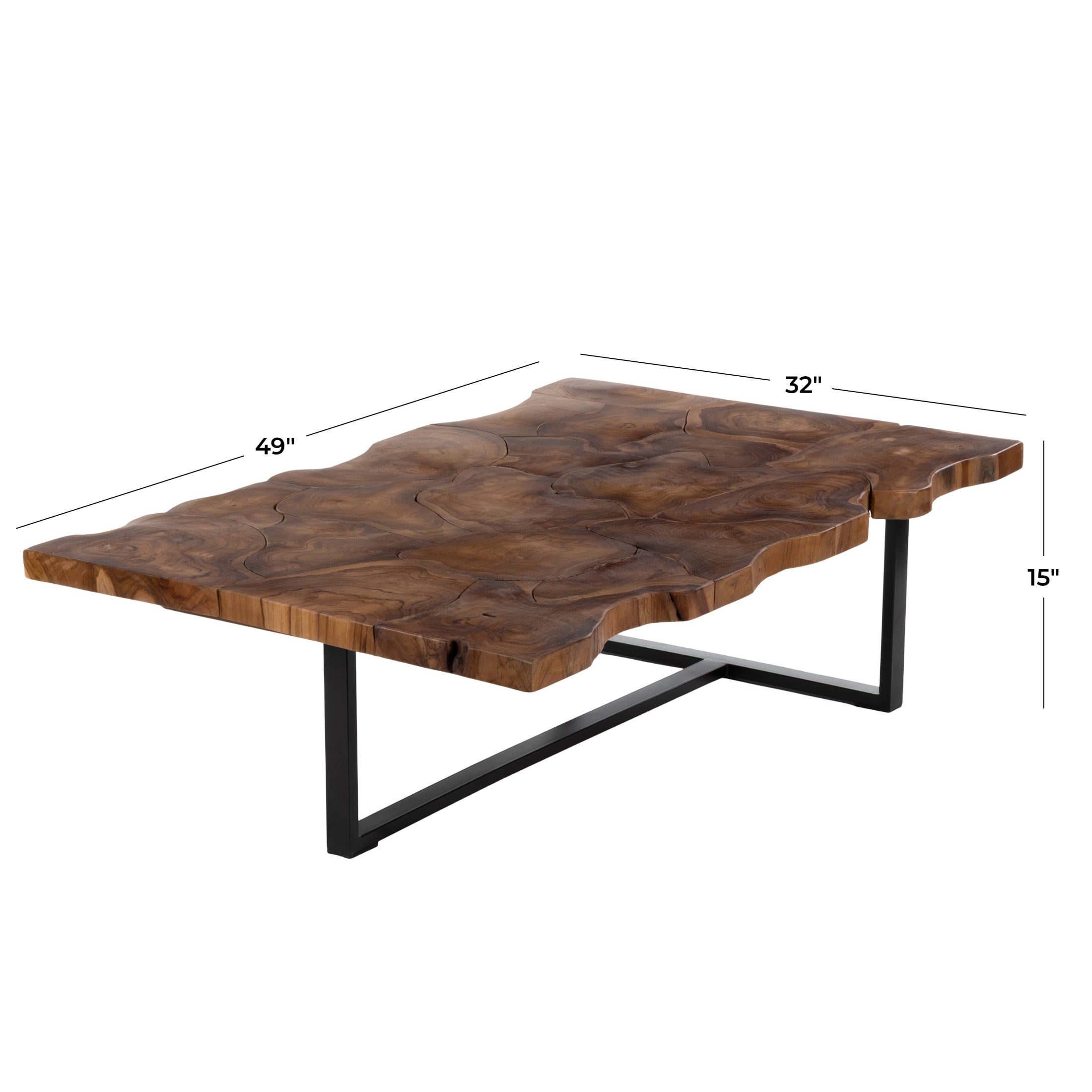 DecMode 49" x 15" Brown Teak Wood Handmade Live Edge Coffee Table with Black Metal Base, 1-Piece