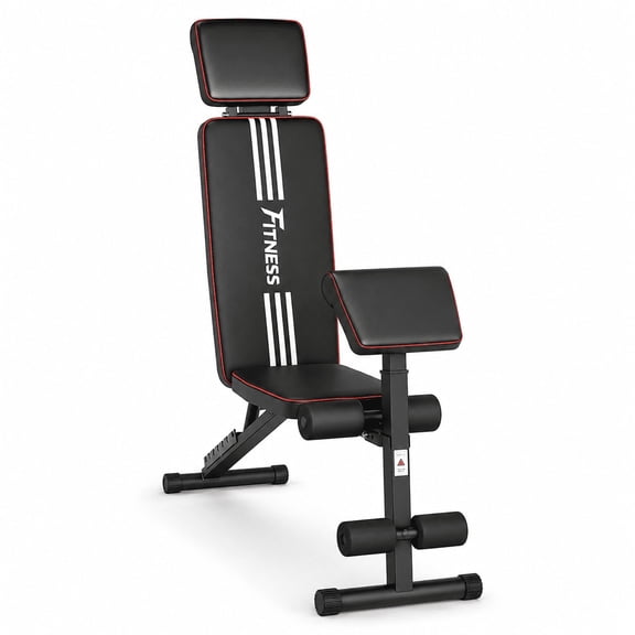 Fenbeli 12-in-1 Adjustable Weight Bench Foldable Workout Bench with 7 Backrest Positions Padded Seat for Full Body Strength Training, Black and Red