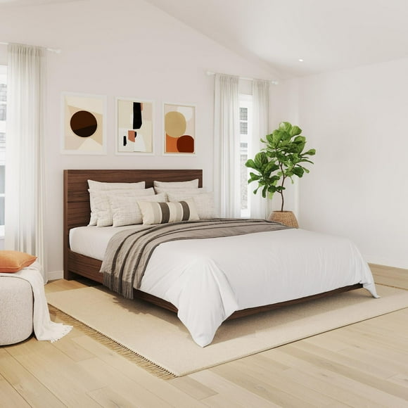 Nexera Celebri-T Platform Bed and Plank Effect Headboard, Walnut