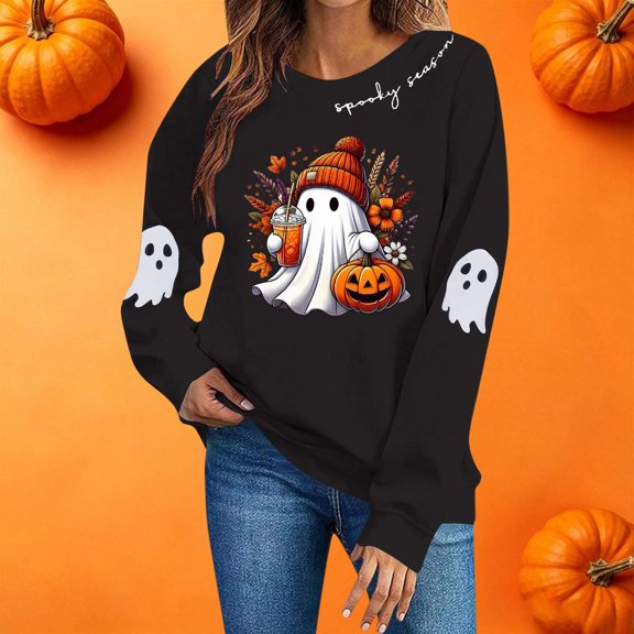 Sweatshirts for Women JIANLAI Spooky Season Cute Ghost Pumpkin Graphic Crewneck Sweatshirt, Fall Halloween Long Sleeve Pullover Top, Loose Casual Printed Sweatshirt