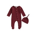 thumbnail image 2 of Baby Boys's Girl's Romper Set, 3M 6M Round Neck Long Sleeve Button-Down Ribbed Feet Wrap Jumpsuit + Hat, 2 of 9