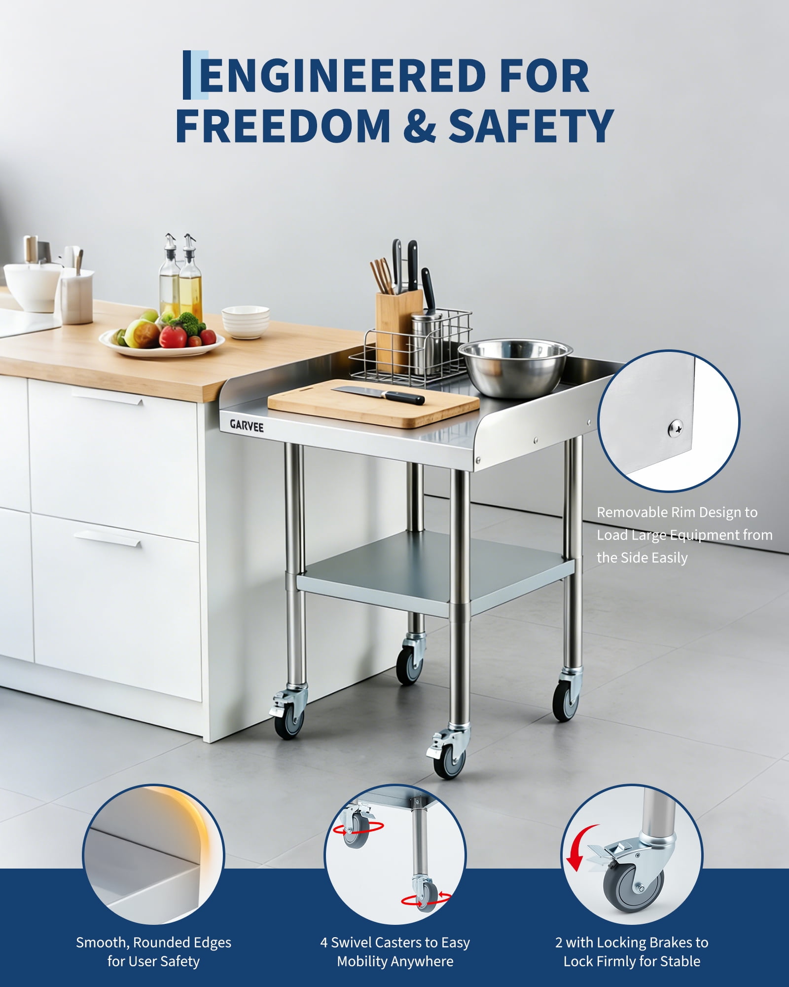 Stainless Steel Work Table, 30x30 Inch Commercial Food Prep Worktable with Wheels, Detachable 3-Sided Backsplash & Height-Adjustable Shelf for Kitchen Restaurant Garage