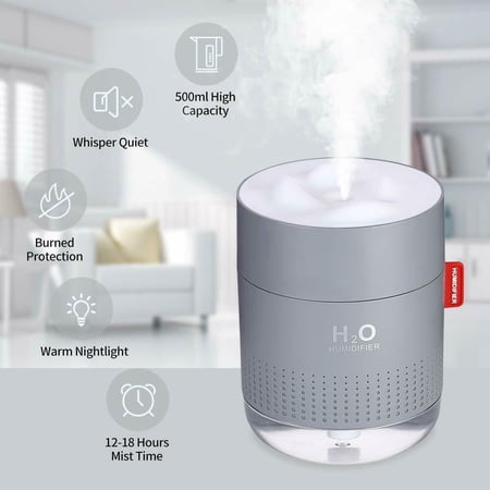 Portable Mini Humidifier, 500ml Small Cool Mist Humidifier with Night Light, USB Personal
