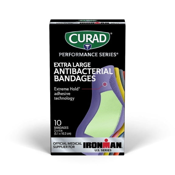 CURAD® Performance Series® Antibacterial Bandages, Extreme Hold Adhesive Technology, Extra Large Flexible Fabric Bandages for Cuts, Scrapes, & Burns, Assorted Colors, 2" x 4", Box of 10