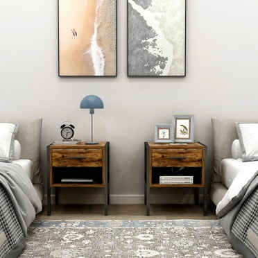Set of 2 Nightstand with Drawer and Open Shelf, Farmhouse Rustic Brown Side Table, End Table for Living Room, Bedroom