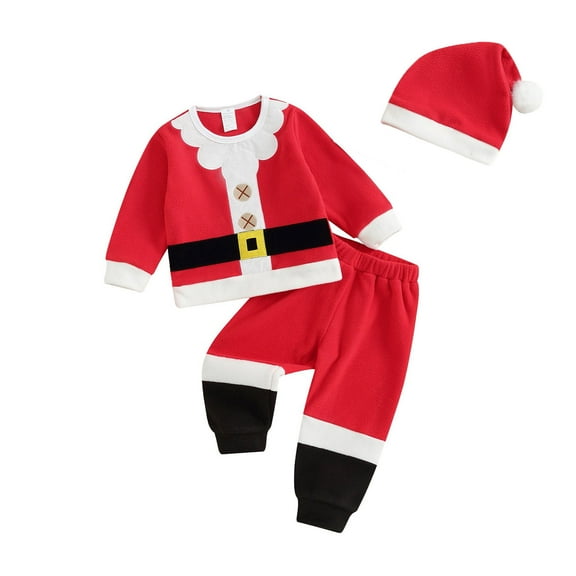 Baby Santa Outfit Long Sleeve Santa Top Pants Hat Set Holiday Outfit Christmas Baby Boy Outfit 12-24 Months
