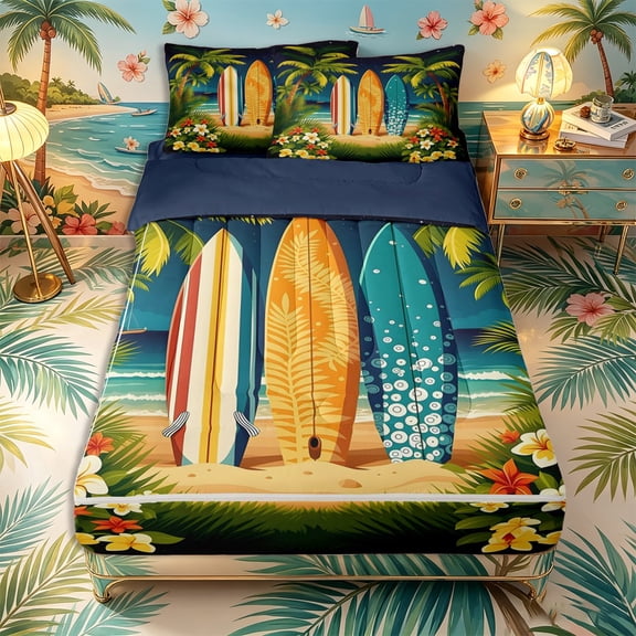 Castle Fairy Night Tropical Surfboard Zipper Twin Comforter Sets with Fitted Sheet and 2 Pillowcases,Plumeria Palm Beach Print Zipper Bedding Set,Navy Orange,Navy Blue Reversible,4-Piece