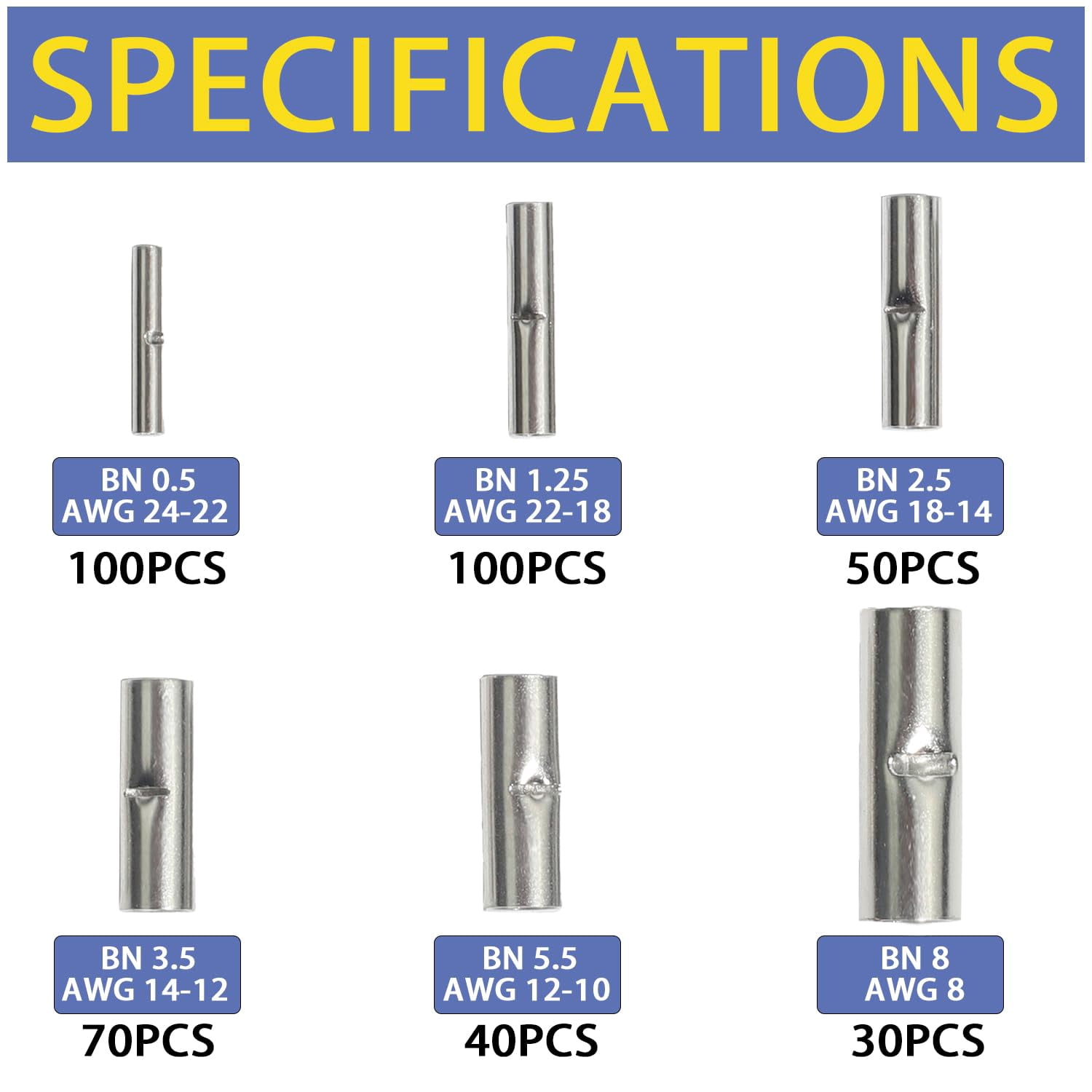 Non Insulated Butt Connectors Kit Wiring Pure Copper AWG24-8 Wire Crimp