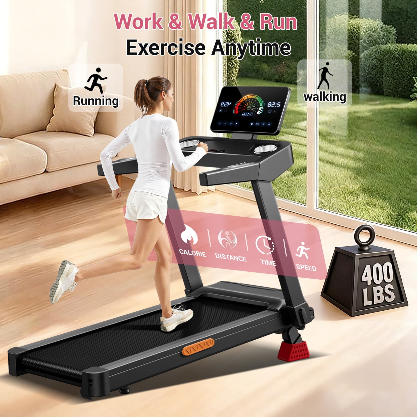 SONITU 20% Manual Incline Treadmill for Home, Foldable 3.5 HP Motor Running Machine, 400 lbs Capacity
