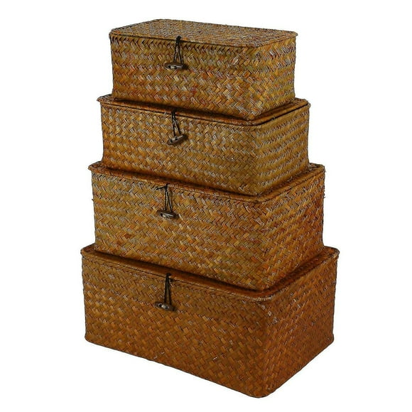 Seagrass Storage Baskets With , Woven Rectangular Basket Bins, Wicker Storage Organizer For Shelf